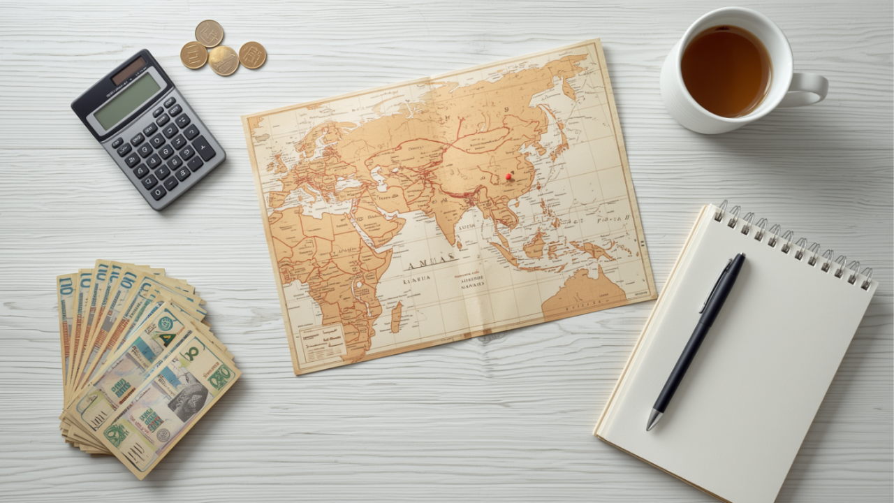 世界地図に2つのピンが立ち、電卓と日本円、ノートが並ぶ俯瞰写真