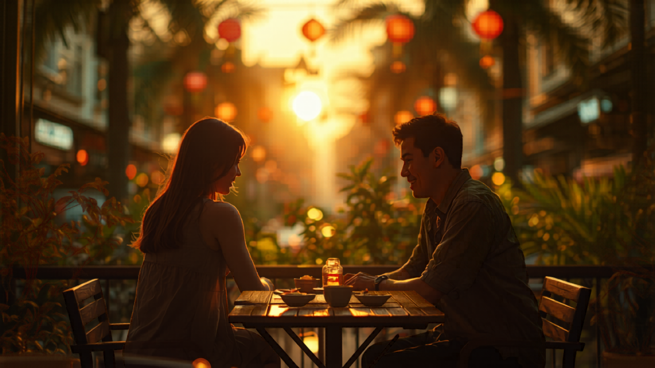 バンコクの夕暮れのカフェで小皿料理をシェアするカップルの後ろ姿